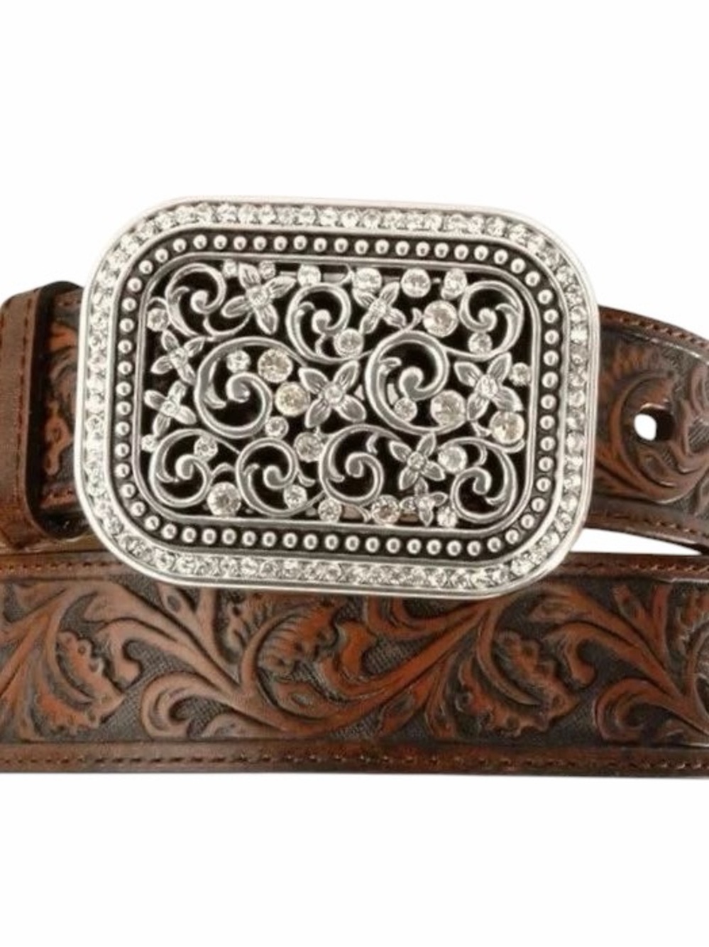 Ariat Tooled Leather Western Belt Crystal Buckle Brown Size Large NWT - Picture 2 of 5